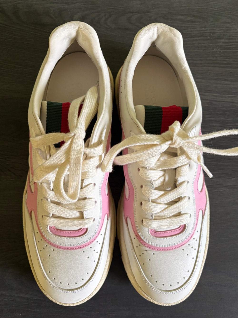 Gucci White and Pink Leather Athletic Sneakers with Green/Red Web